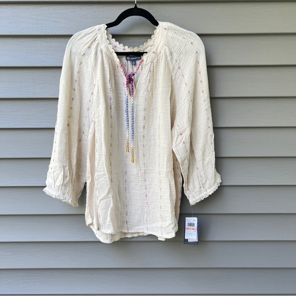 Democracy Crochet Detail Blouse Plus Size 2X Split V-Neck Braided Tie Front Boho - Picture 2 of 16